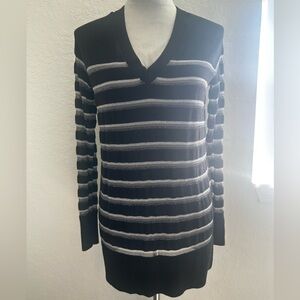 LOFT Black & Silver Metallic Stripe V-Neck Knit Sweater Tunic XXS